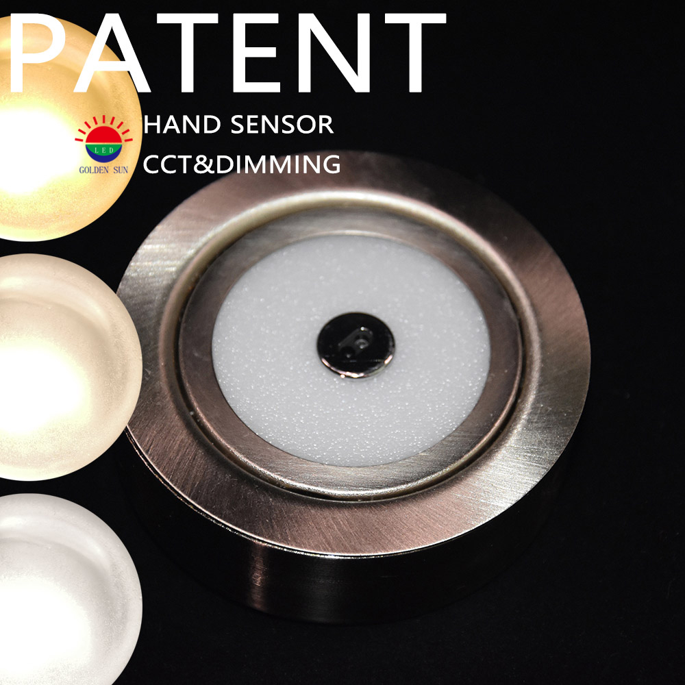 3W Hand Sensor LED Downlight Surface Mounting, Stainless Steel 12V Dimmable& CCT LED Puck Light for Sink, Bathroom, Pantry, Closet, Bookshelf, Bedroom